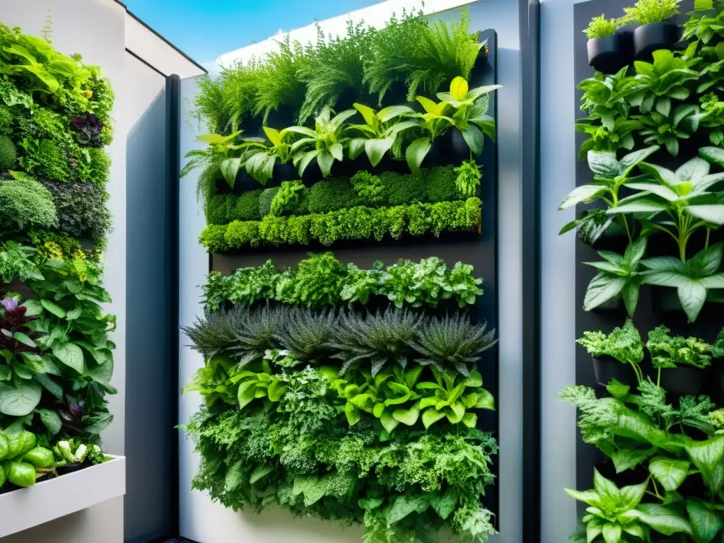 Un jardín vertical exuberante con verdor vibrante en un entorno urbano moderno, mostrando la prevención de enfermedades en huertos verticales