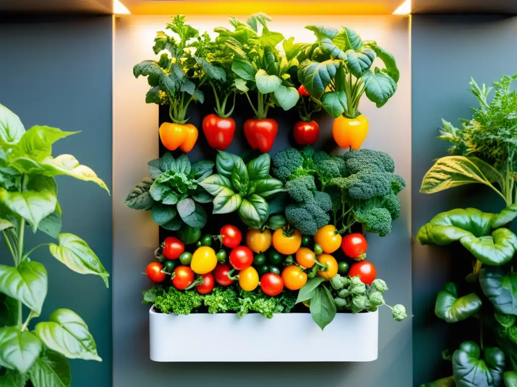 Un jardín vertical exuberante y vibrante con alimentos funcionales para huerto vertical, como tomates cherry, albahaca, kale y pimientos