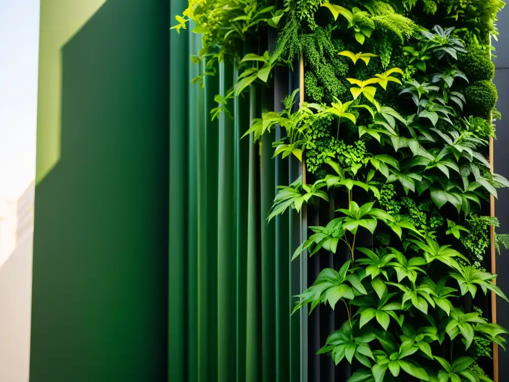 Un jardín vertical exuberante y vibrante, bañado por la luz solar, resaltando la belleza natural