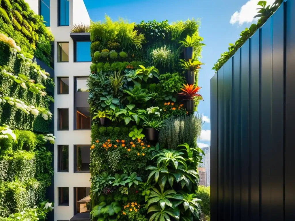 Un jardín vertical exuberante y vibrante en el corazón de la ciudad, con una variedad de plantas y flores