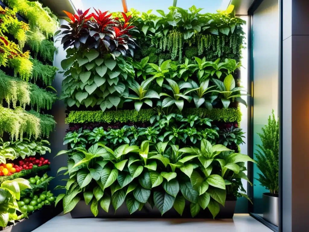 Un jardín vertical exuberante y vibrante con cultivos organizados, bañado por la luz solar, detallando la innovación agrícola en ciudad