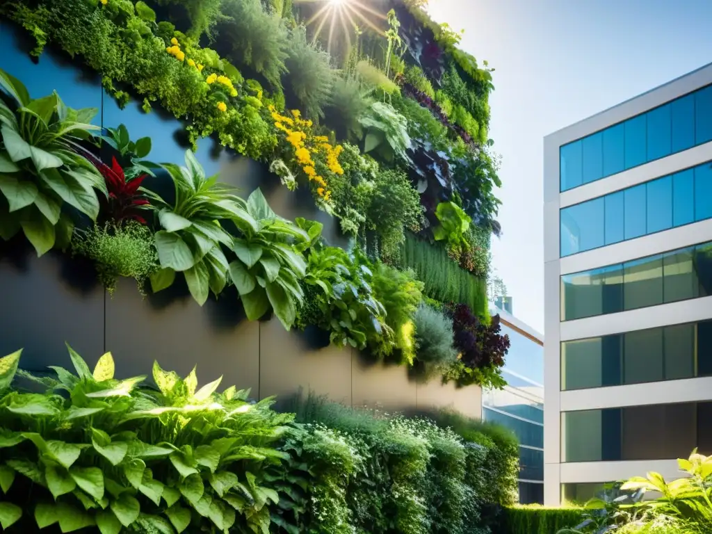 Un jardín vertical exuberante y vibrante en un edificio moderno, con plantas verdes contrastando con la arquitectura