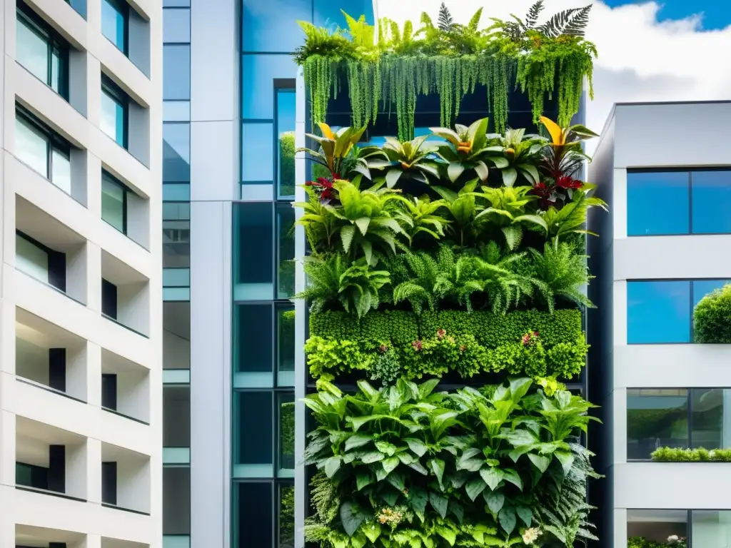 Un jardín vertical exuberante y vibrante en un edificio urbano moderno, con Participación ciudadana en huertos verticales