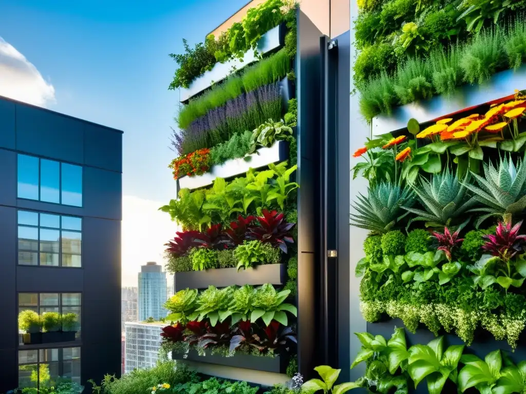 Un jardín vertical exuberante y vibrante en un edificio moderno, mostrando el potencial de la permacultura urbana para huertos verticales