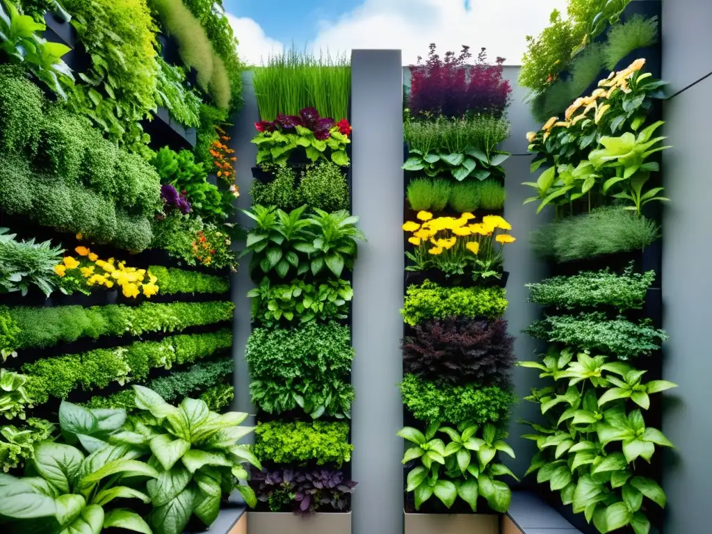 Un jardín vertical exuberante y vibrante en un entorno urbano moderno, con una planificación de cosechas en huertos verticales meticulosa y armoniosa