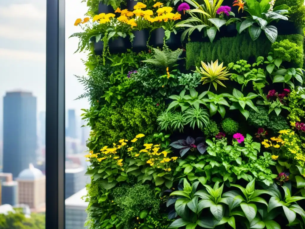 Un jardín vertical exuberante y vibrante en un entorno urbano moderno