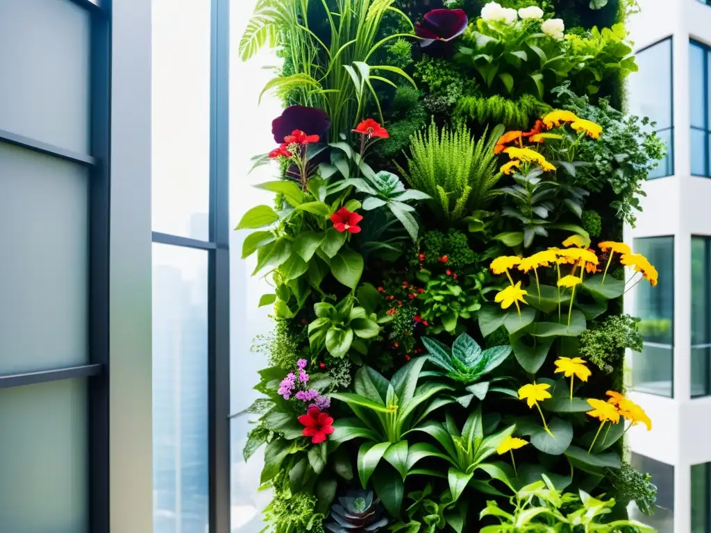 Un jardín vertical exuberante y vibrante, en un entorno urbano moderno y sostenible