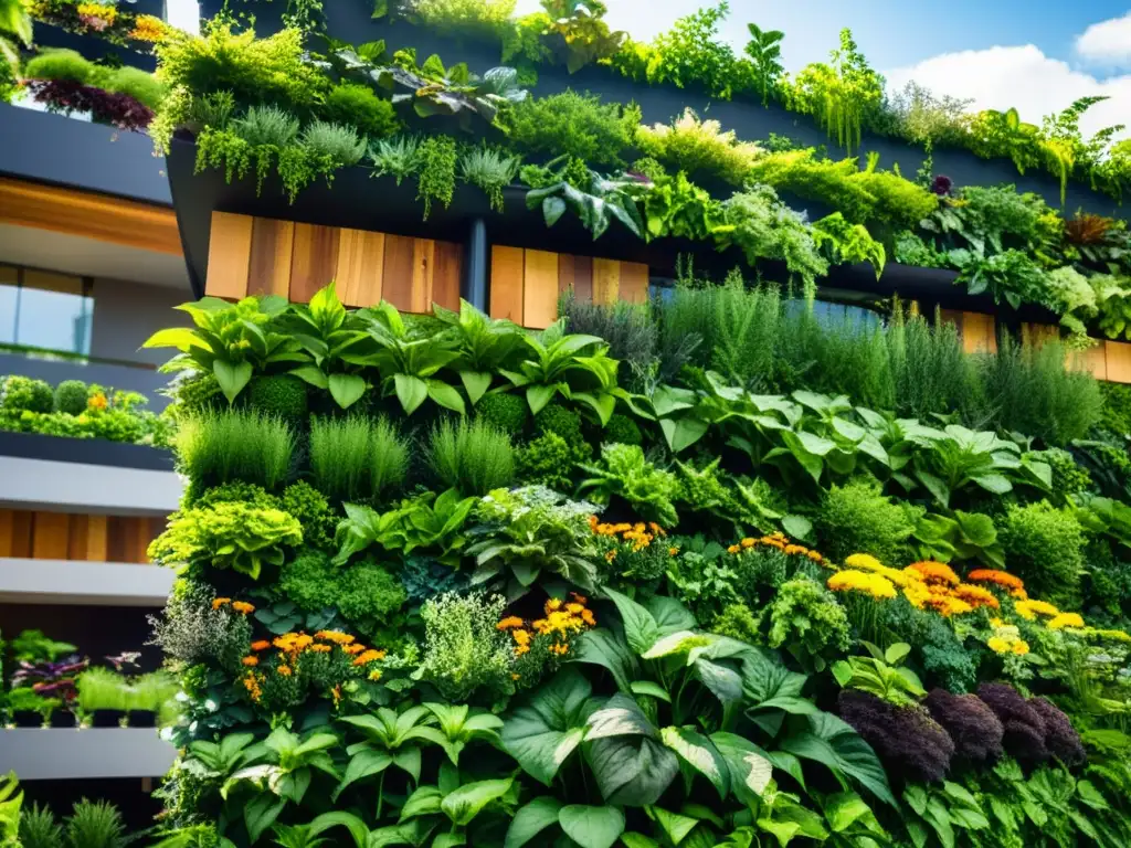 Un jardín vertical exuberante con vegetación vibrante que cae por la estructura geométrica moderna