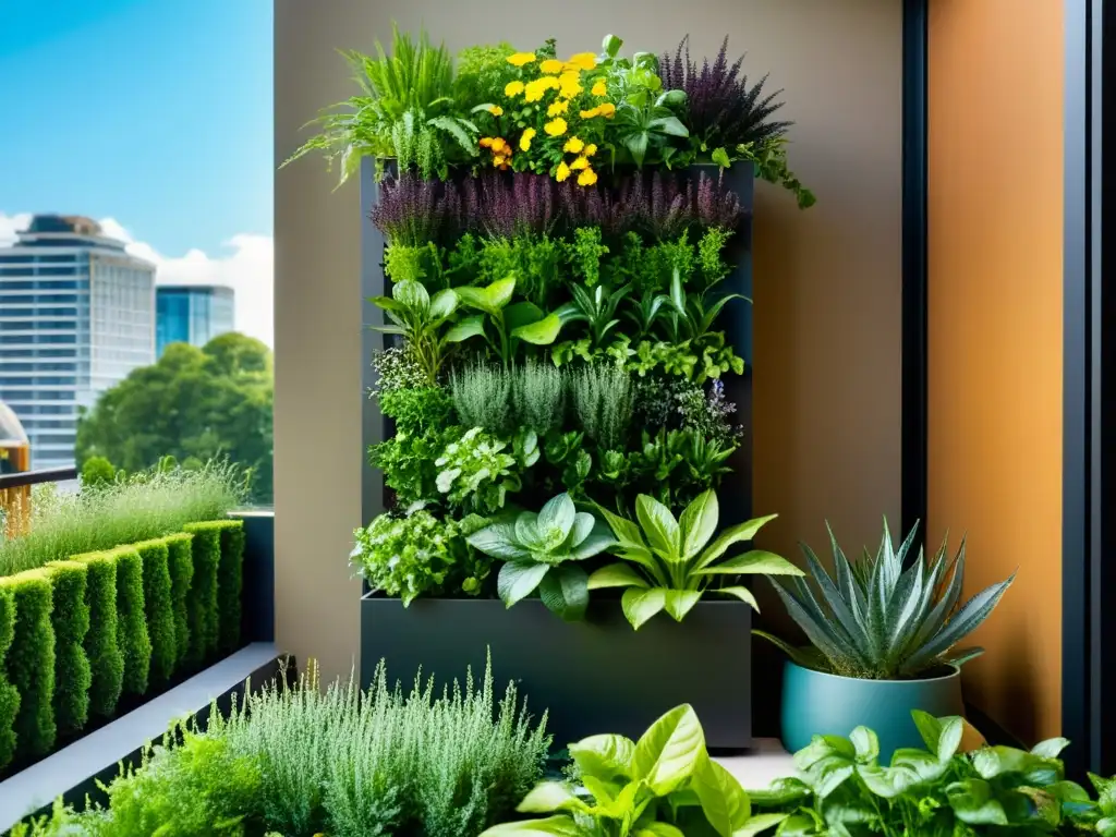 Un jardín vertical exuberante y vibrante con hierbas, vegetales y flores prósperas en un moderno y elegante plantador vertical