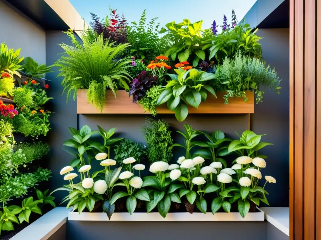 Un jardín vertical exuberante y vibrante con hierbas, verduras y flores