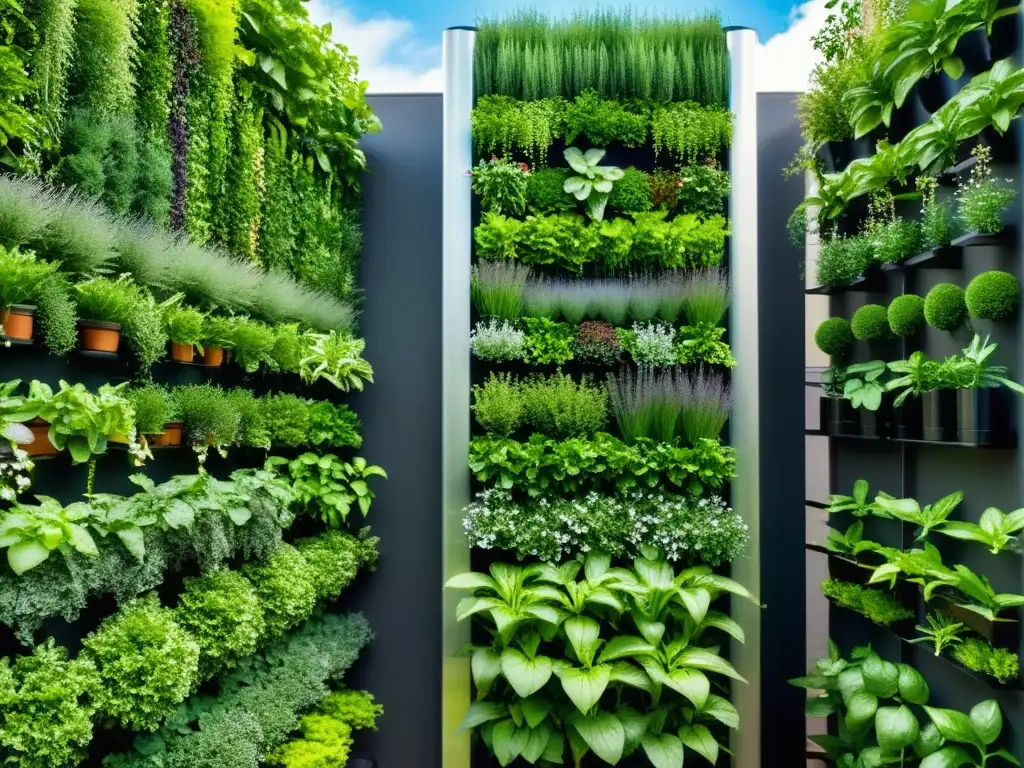 Un jardín vertical exuberante y vibrante con hileras de hierbas, vegetales y flores, regado meticulosamente con un sofisticado sistema de goteo