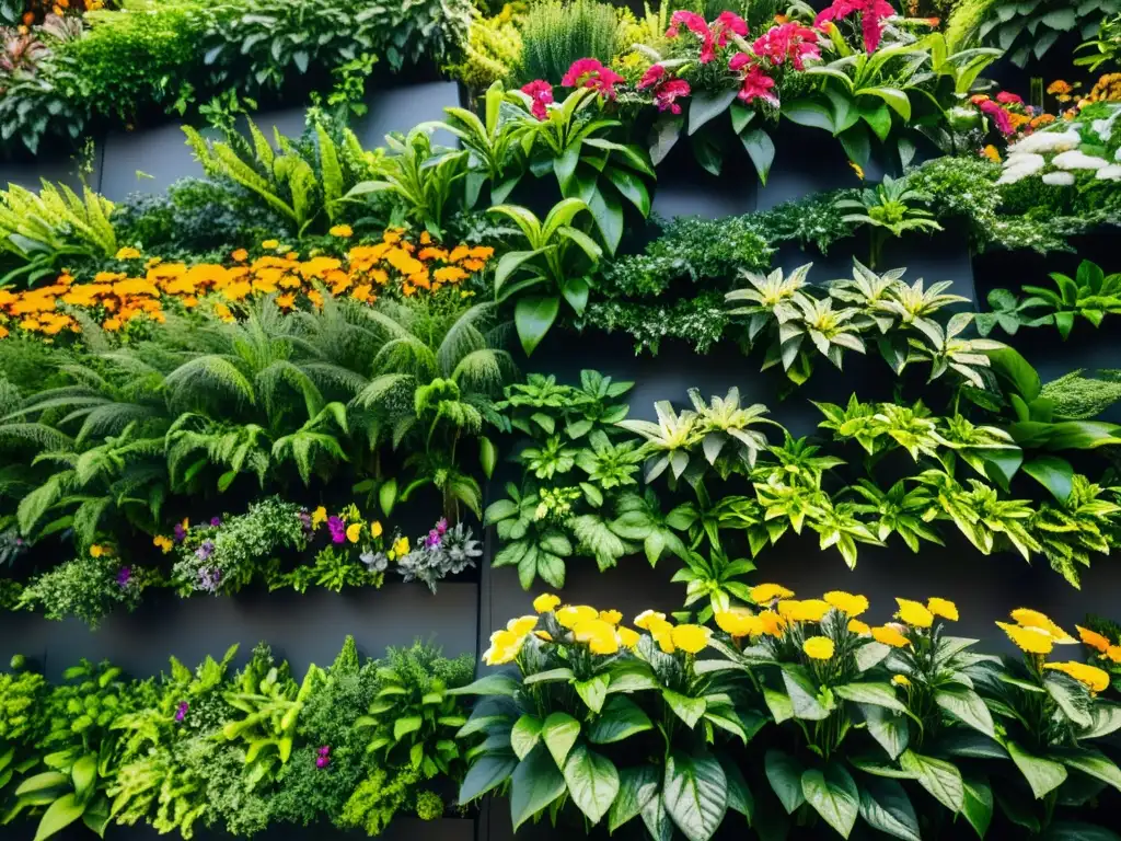 Un jardín vertical exuberante y vibrante, libre de mosca blanca, con diseño moderno que combate la plaga