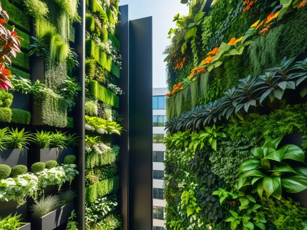 Un jardín vertical exuberante y vibrante en medio de la ciudad, mostrando los beneficios de los huertos verticales urbanos