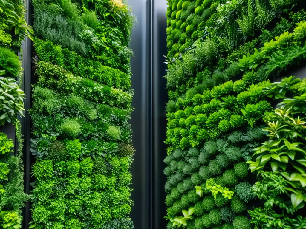 Un jardín vertical exuberante y vibrante, con plantas en patrón geométrico