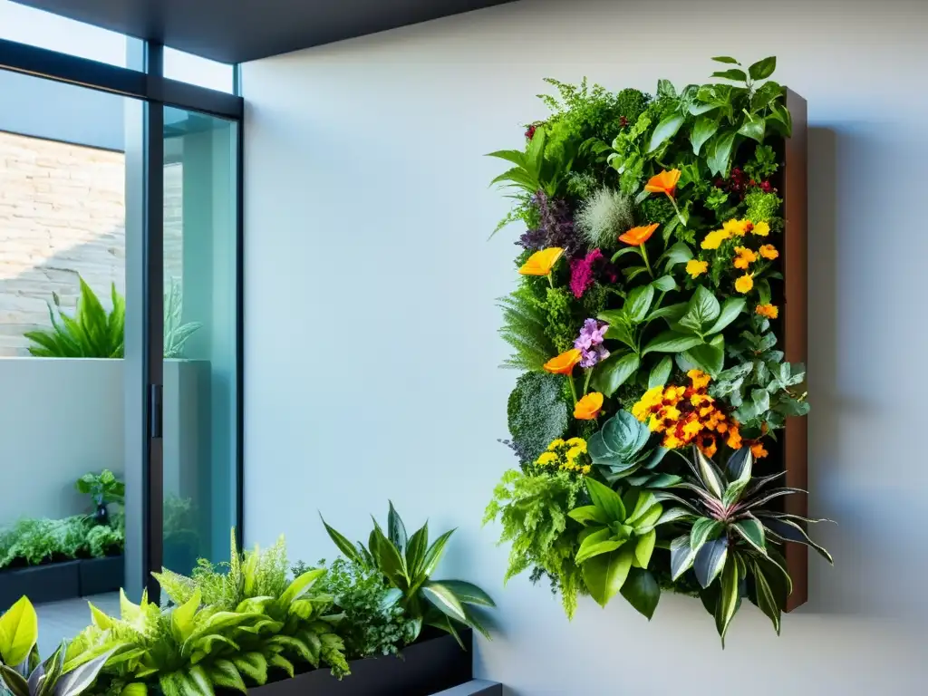 Un jardín vertical exuberante y vibrante con plantas en cascada en un huerto vertical sostenible de materiales ecológicos