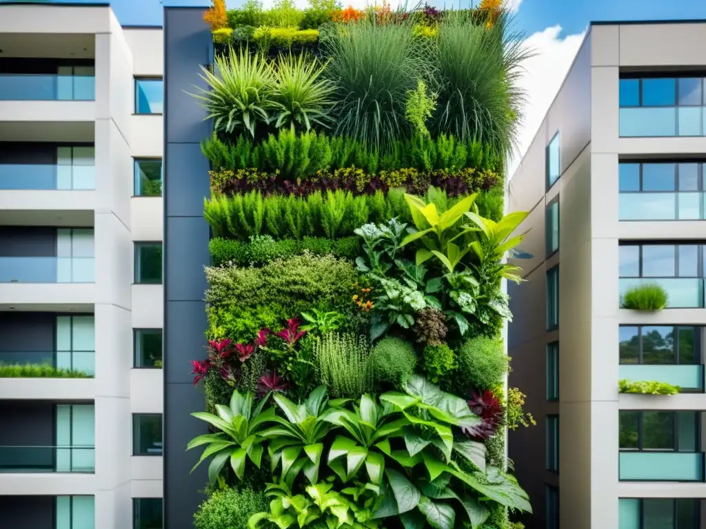 Un jardín vertical exuberante y vibrante con plantas nativas que crean un contraste entre la naturaleza y la arquitectura urbana