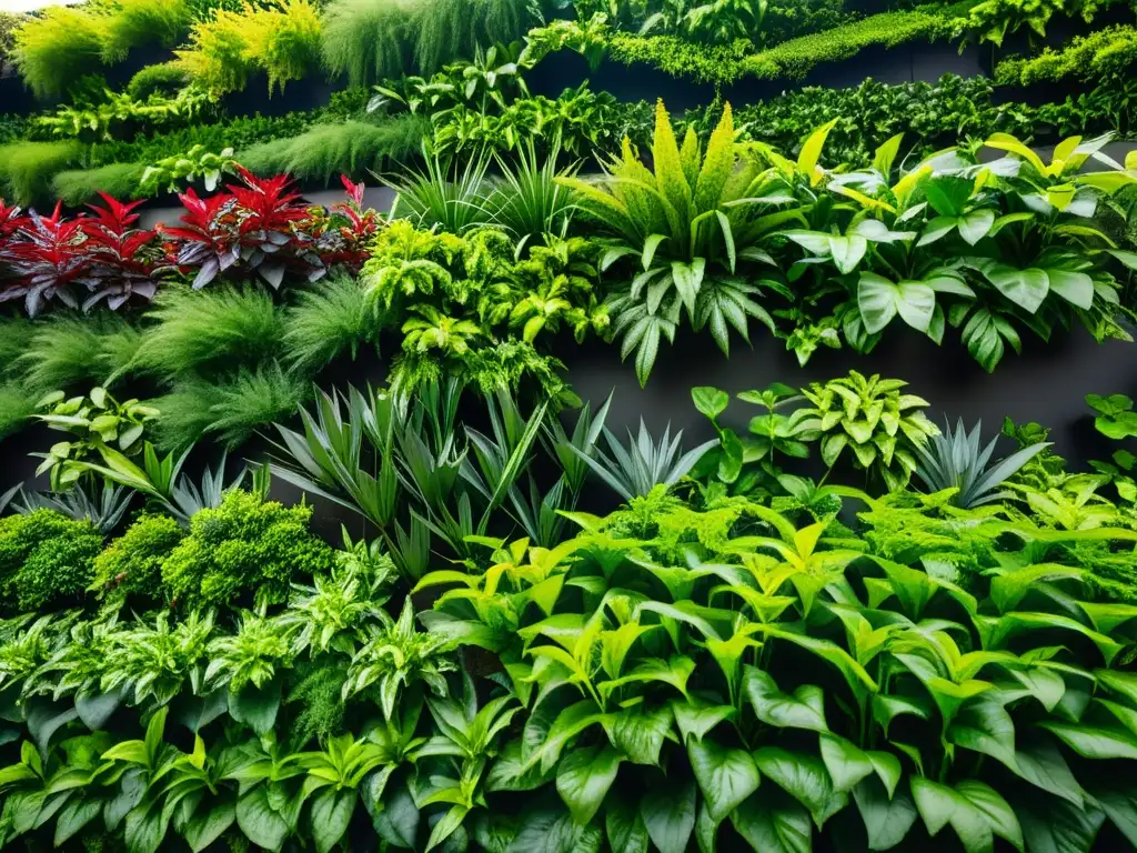 Un jardín vertical exuberante y vibrante, muestra la prevención de enfermedades en huertos verticales