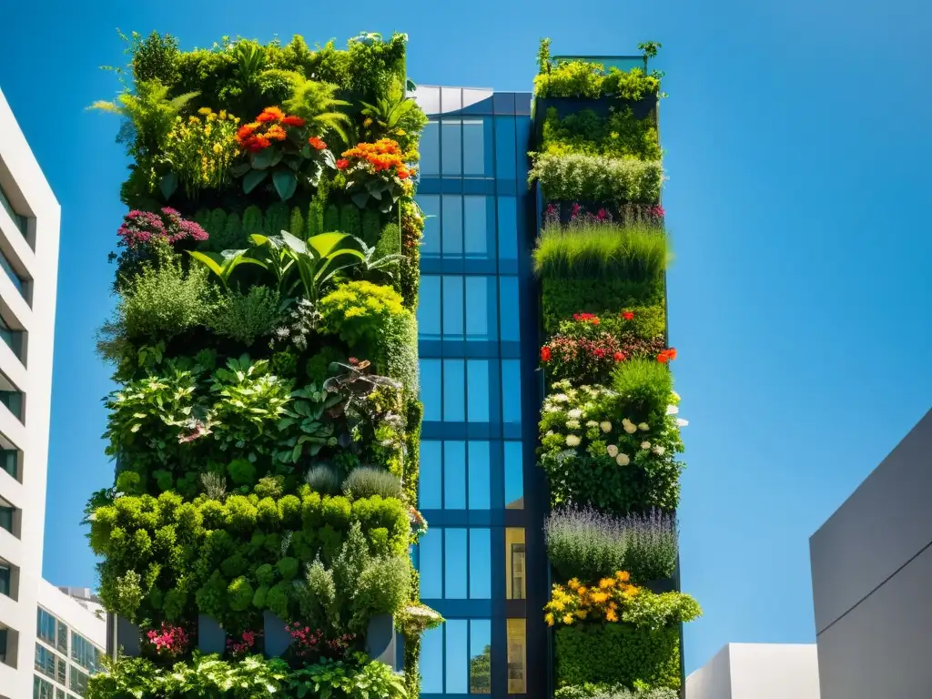 Un jardín vertical exuberante y vibrante en un rascacielos moderno, con luz solar filtrándose a través de las hojas