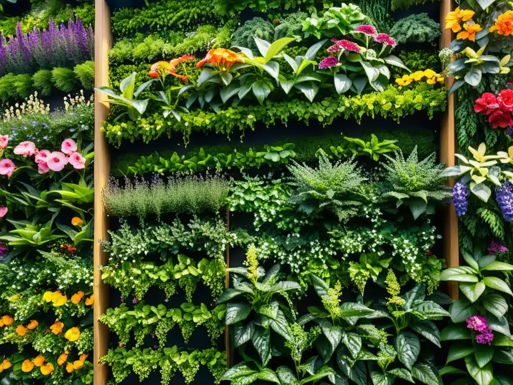 Un jardín vertical exuberante y vibrante, con una red intricada de plantas y flores