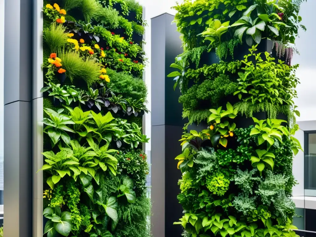 Un jardín vertical exuberante y vibrante con riego eficiente en huertos verticales, contrastando con la arquitectura urbana moderna