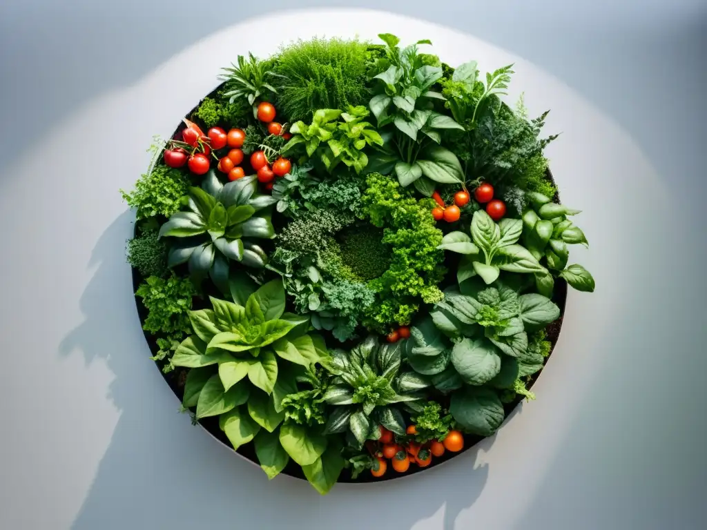 Un jardín vertical exuberante y vibrante con rotación de cultivos en huertos verticales, rebosante de vida y vitalidad en colores ricos y diversos