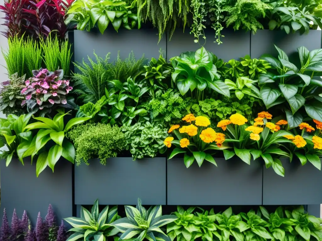 Un jardín vertical exuberante y vibrante, resaltando la innovación y la sostenibilidad