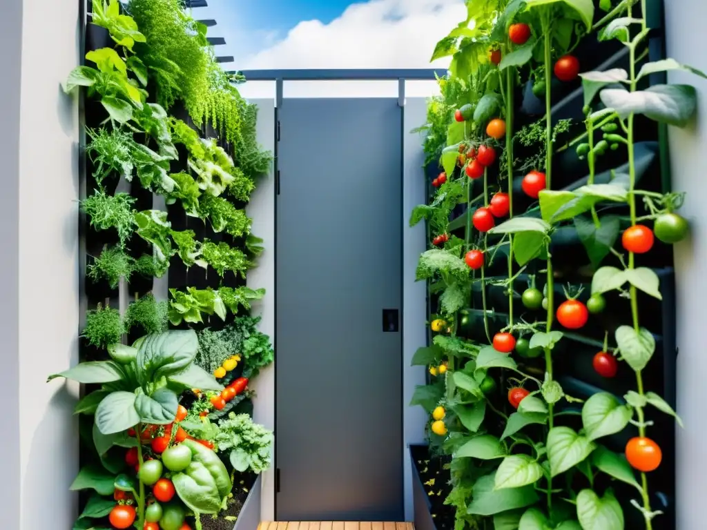 Un jardín vertical exuberante y vibrante con tomates, pepinos y judías verdes, destacando las mejores plantas para huerto vertical