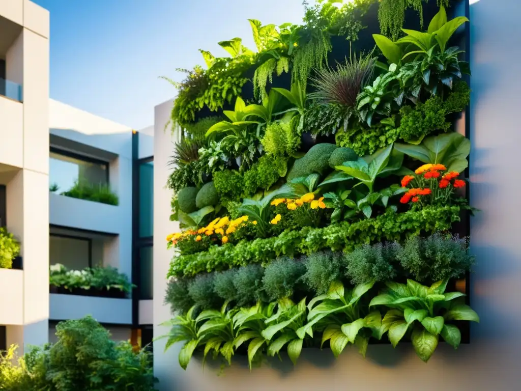 Un jardín vertical exuberante y vibrante con variedad de vegetales y hierbas creciendo en maceteros apilados contra una fachada moderna