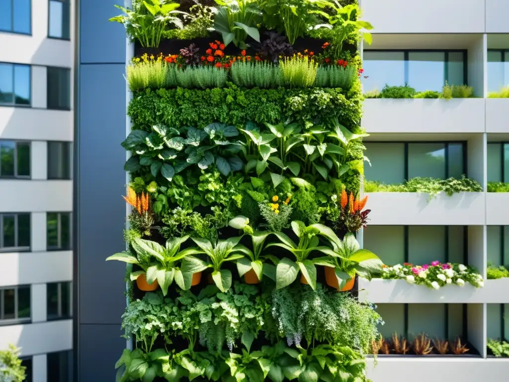 Un jardín vertical exuberante y vibrante con verduras, hierbas y flores, exhibiendo Principios de Permacultura en huertos verticales