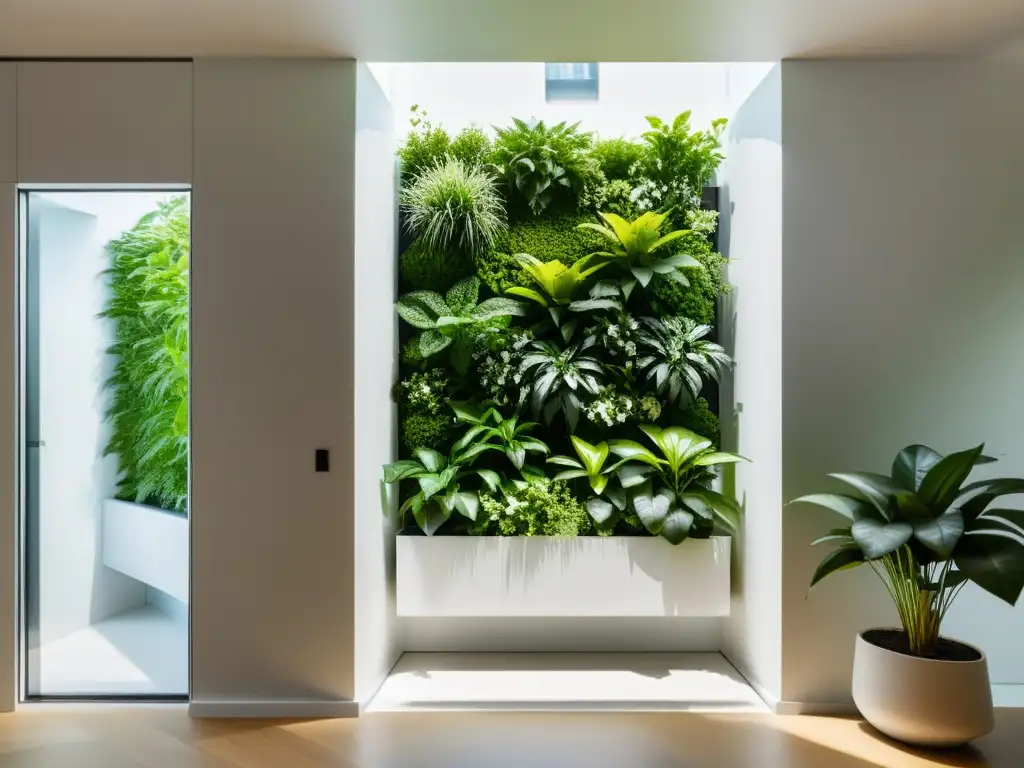 Un jardín vertical familiar en casa, con plantas exuberantes y diseño geométrico blanco