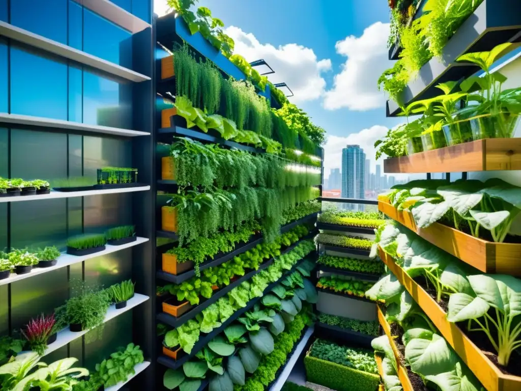 Un jardín vertical de acuaponía floreciente con vegetales y hierbas vibrantes, contrastando con el paisaje urbano moderno