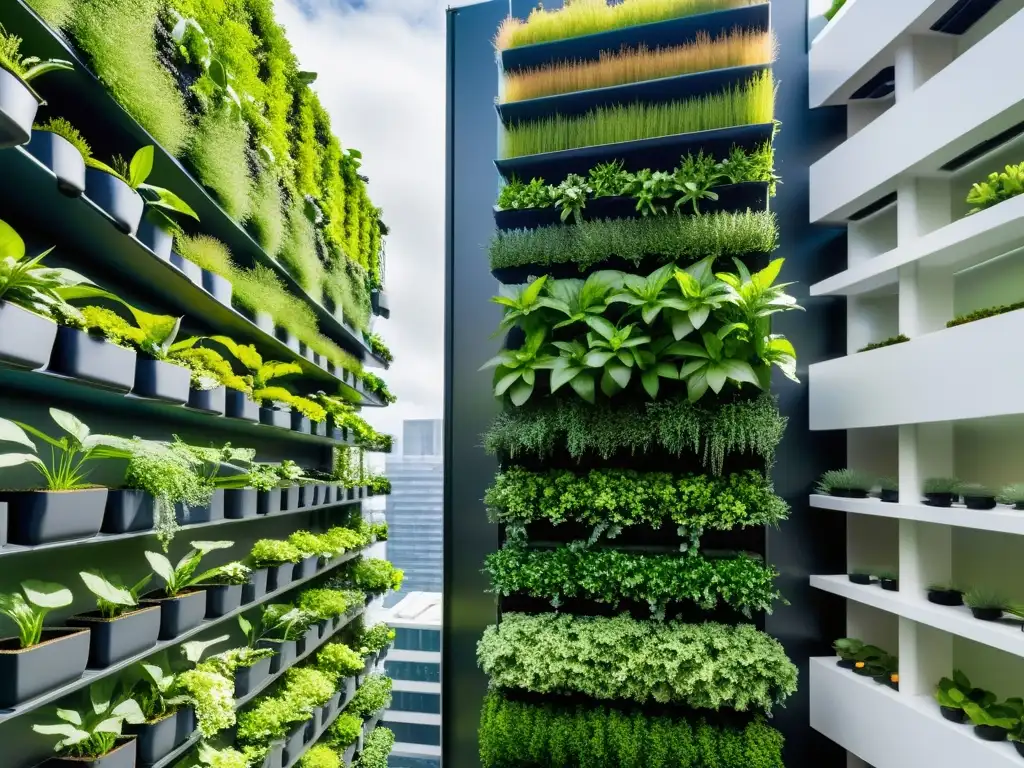 Un jardín vertical futurista en una ciudad, con una acuaponía innovadora y plantas vibrantes