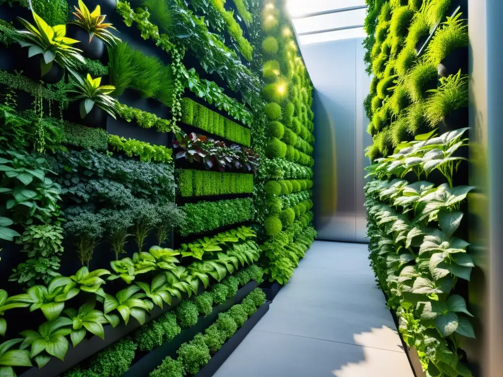 Un jardín vertical futurista con diseño moderno y plantas exuberantes, iluminado por luz natural, muestra la importancia de la seguridad alimentaria en acuaponía urbana