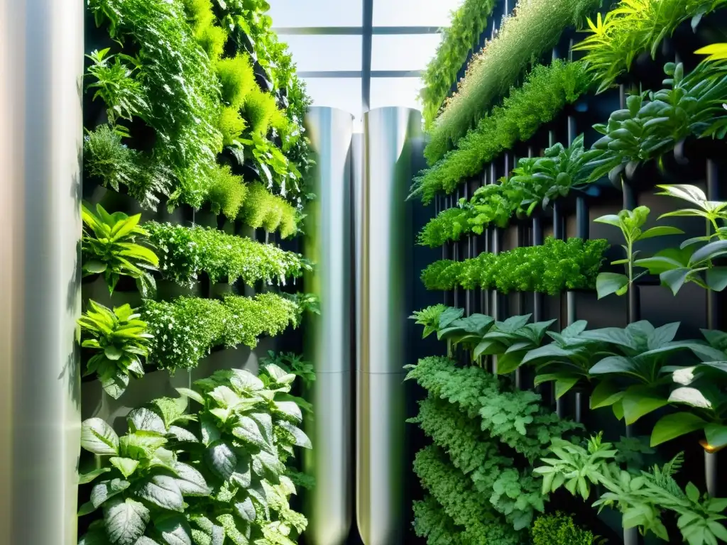 Un jardín vertical futurista con exuberante vegetación verde, modernos sistemas de riego y optimización de recursos hídricos