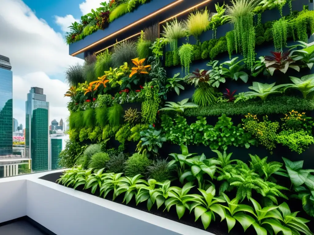 Un jardín vertical futurista con huertos verticales a largo plazo integrados en el paisaje urbano, con diseño moderno y vegetación exuberante