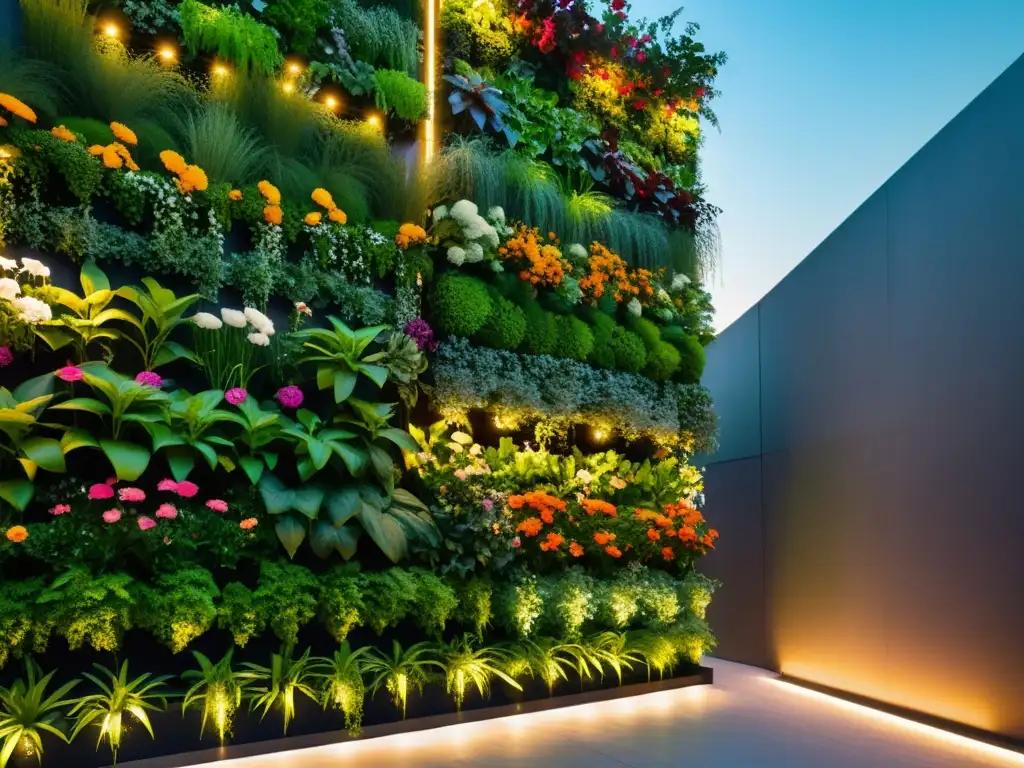 Un jardín vertical futurista iluminado con luces LED, muestra la perfecta armonía entre naturaleza y tecnología