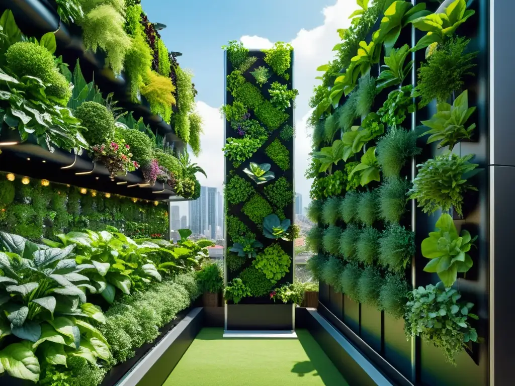 Un jardín vertical futurista lleno de plantas verdes y vegetales vibrantes, con tecnología IoT