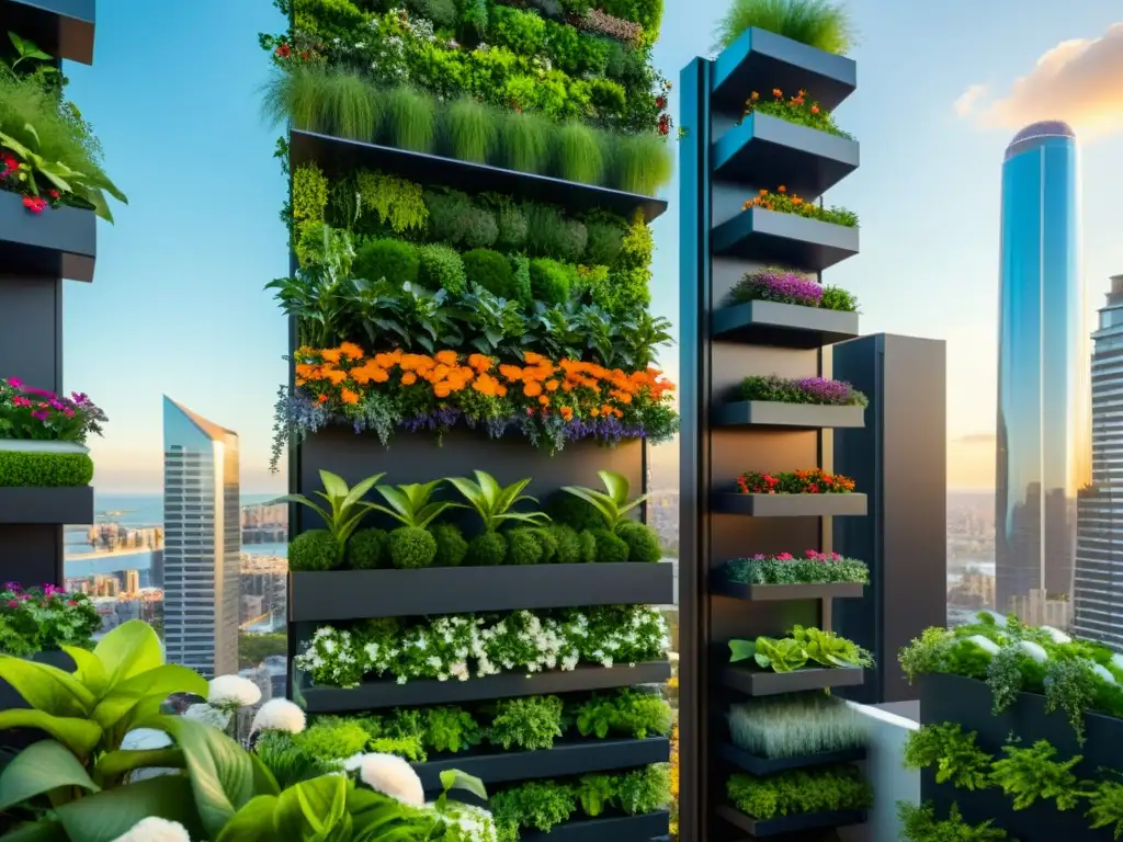 Un jardín vertical futurista y moderno en la ciudad, con un diseño innovador y vegetación exuberante