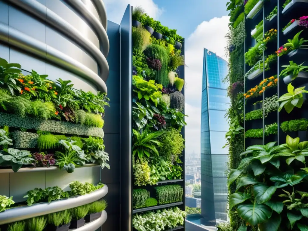 Un jardín vertical futurista con plantas exuberantes y sistemas automatizados, destacando la automatización en huertos verticales urbanos