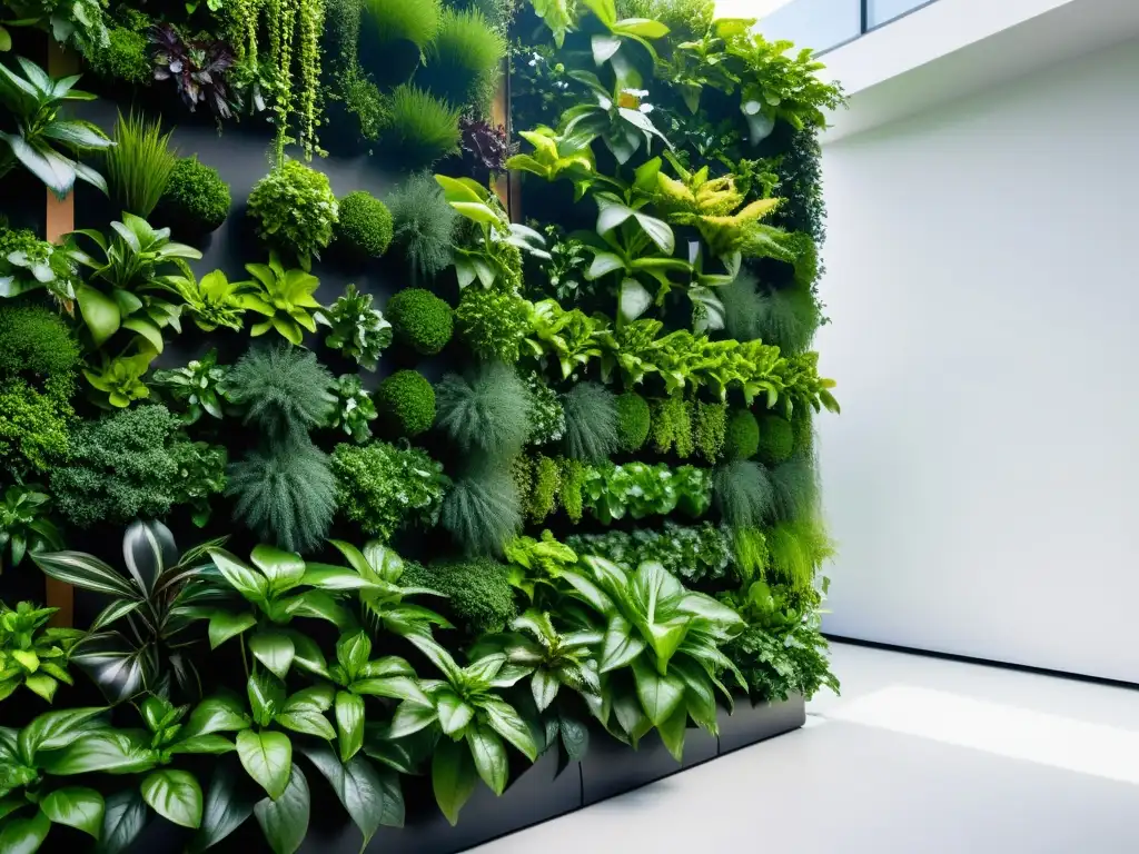 Un jardín vertical futurista con plantas exuberantes iluminadas por la suave luz natural, mostrando la importancia de innovar en huertos verticales