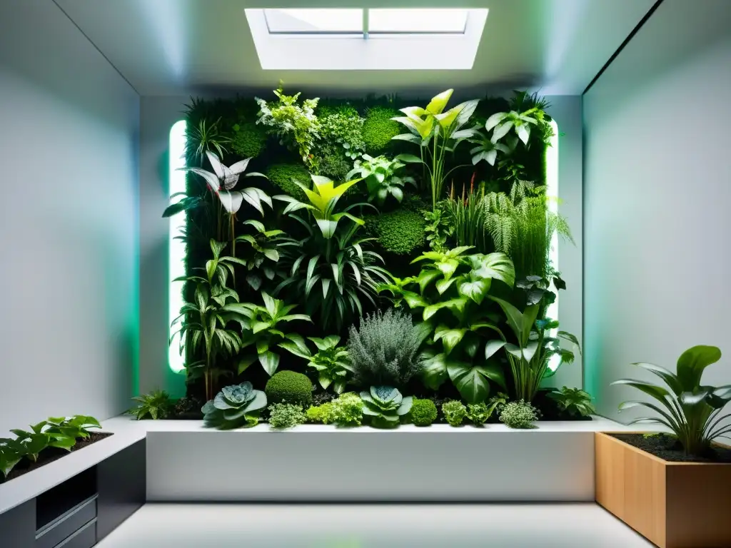 Un jardín vertical futurista con plantas exuberantes, sistemas de riego y gadgets de monitoreo, iluminado por luz natural