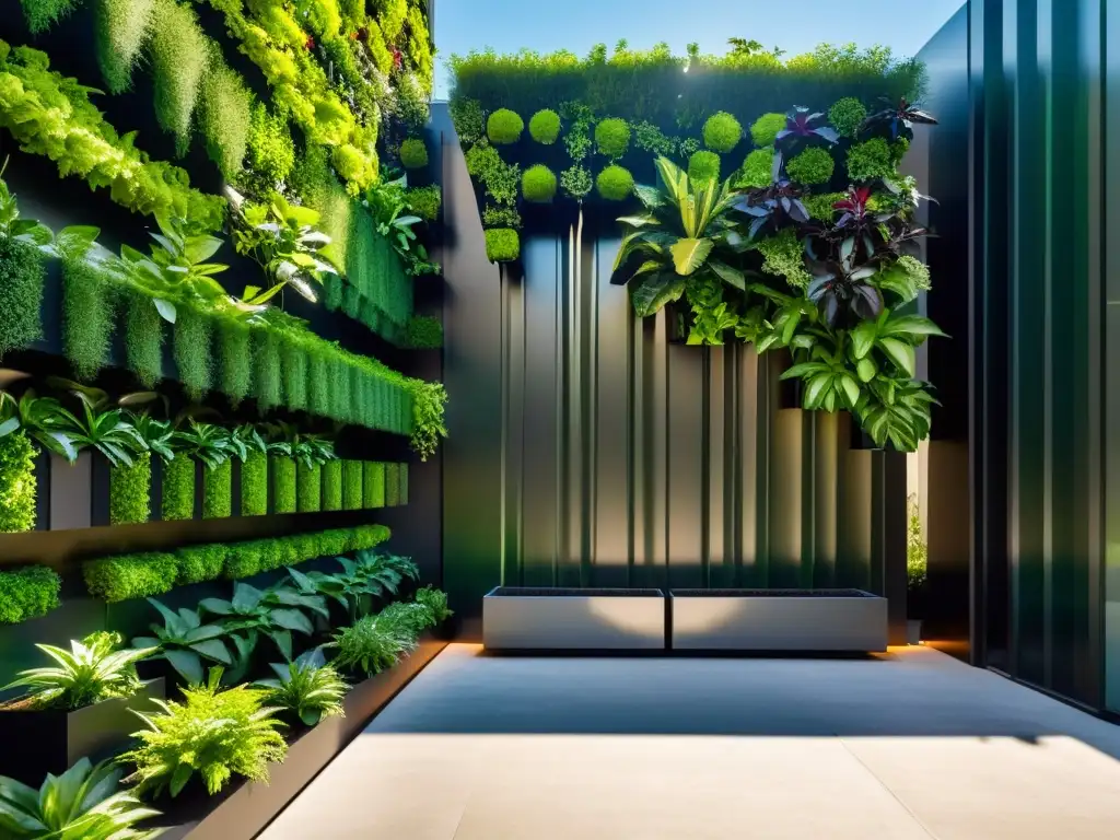 Un jardín vertical futurista con plantas vibrantes y proyecciones a largo plazo huertos verticales en entorno urbano moderno