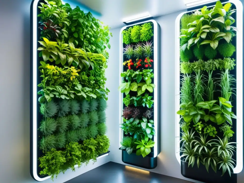 Un jardín vertical futurista con tecnología avanzada de irrigación y luces LED, fusionando naturaleza e innovación