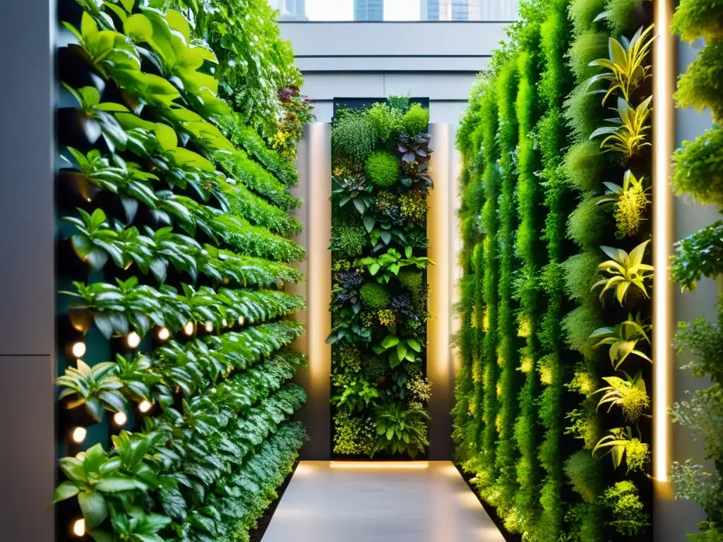 Un jardín vertical futurista con tecnología de huertos verticales en la agricultura urbana, combinando plantas vibrantes y diseño minimalista