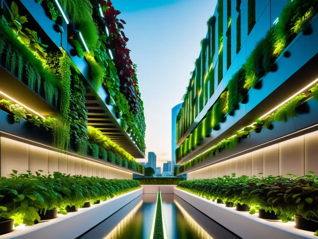 Un jardín vertical futurista con tecnología en huertos verticales urbanos, vibrante y moderno en el paisaje urbano