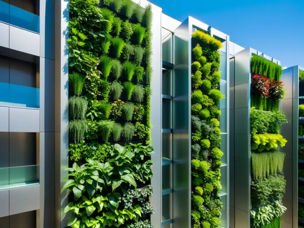 Un jardín vertical futurista con tecnologías de ahorro de agua, contrastando con líneas modernas