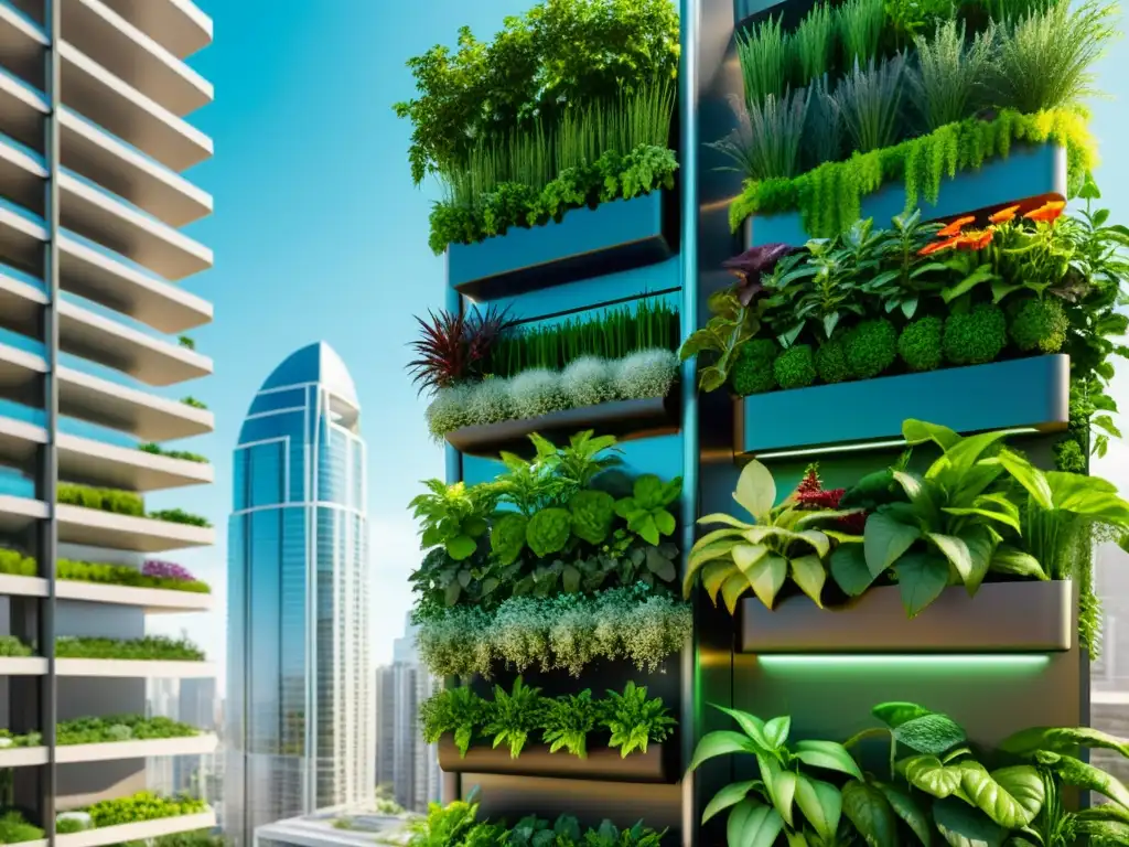 Un jardín vertical futurista con biodiversidad urbana y permacultura en huertos urbanos verticales