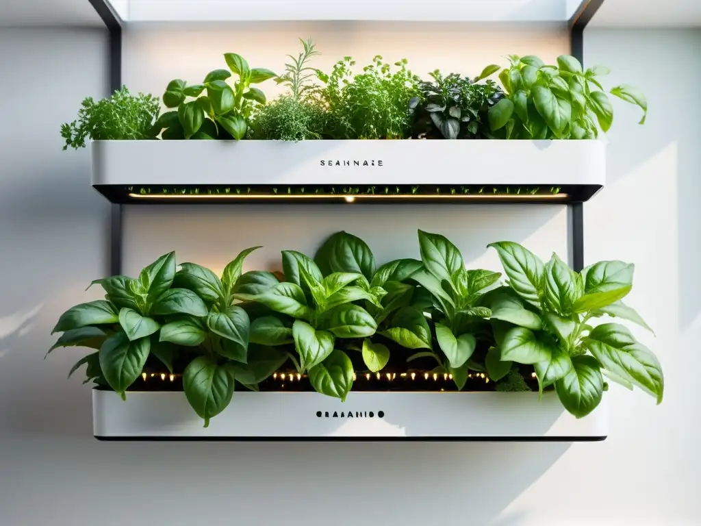 Un jardín vertical de hierbas aromáticas con basil, romero y cilantro, iluminado por el sol