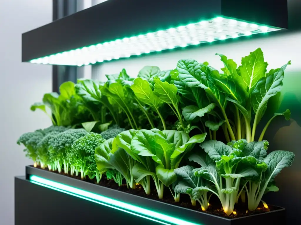 Un jardín vertical con lechuga, kale y hierbas frescas en un moderno contenedor