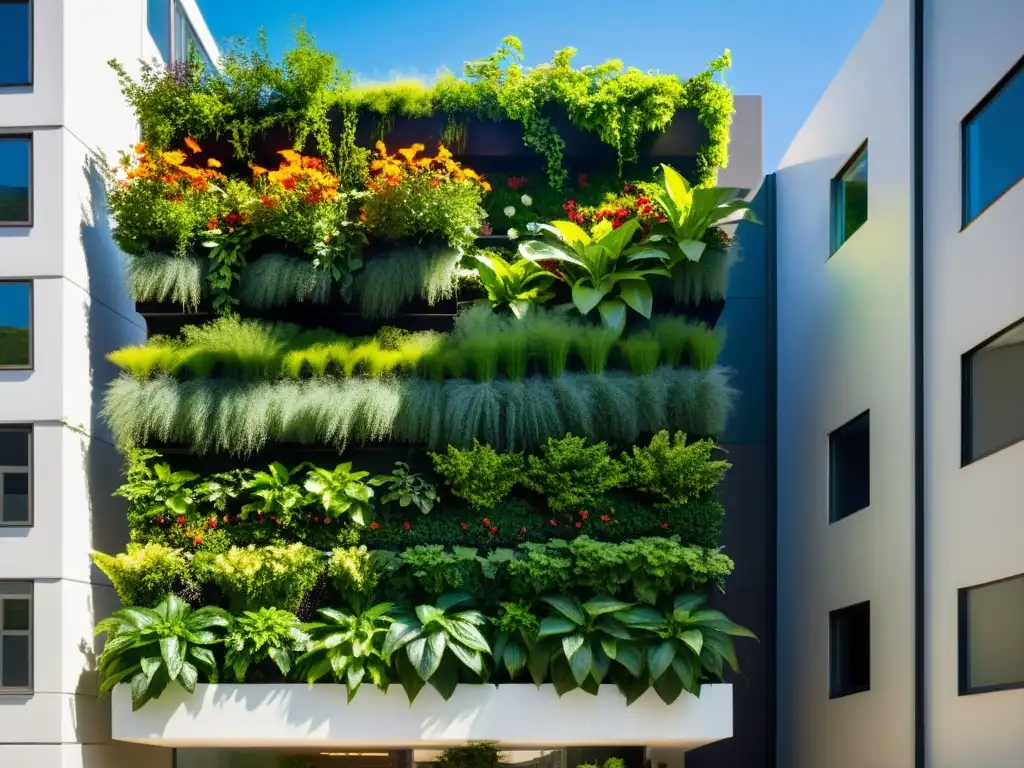 Siembra vertical en huertos urbanos: Jardín vertical vibrante y moderno en un edificio urbano, con plantas exuberantes y flores coloridas